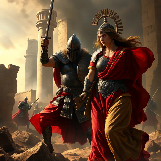 Visigothic warrior, Roman lady, Sack of Rome 410CE, epic historical scene, dramatic lighting, chiaroscuro, intricate armor details, flowing Roman garments, realism, dynamic composition, intense mood, historical figures, late antiquity, turbulent atmosphere, powerful symbolism, conflict and culture clash, intense emotions, classical architecture, ruin and decay, grand scale, meticulous textures, tension and movement, aged patina, historical authenticity, evocative storytelling, warriors in action, contrast and harmony, rich color palette, accurate period costumes