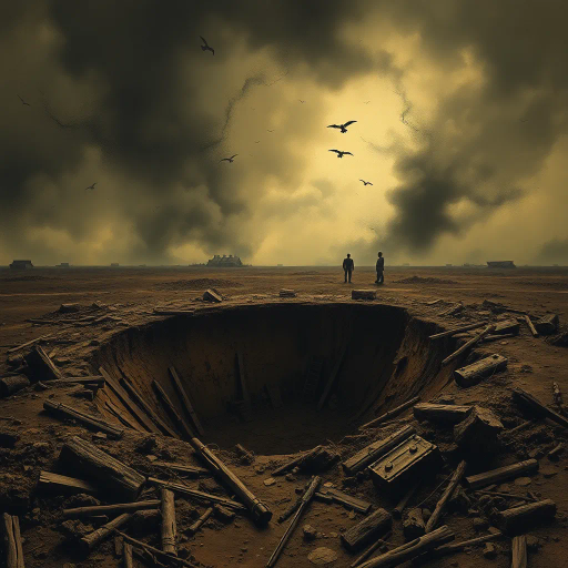 WW1 shell hole, haunting landscape, ruinous earth, trench war remnants, muddy textures, smoke-infused skies, somber atmosphere, historical echoes, dramatic chiaroscuro, war-torn memories, intricate details, Ernst Ludwig Kirchner influence, expressionist undertones, desolate expanse, juxtaposition of life and decay, symbolism of conflict, muted earth tones, organic compositions, narrative storytelling, ethereal light, ominous horizon, atmospheric perspective, reflective surfaces, cultural memory, evocative emotional depth, fantasy art, dreamlike surrealism, otherworldly terrain, spectral presence, mystical ambiance, haunting beauty, imaginative realism, psychological exploration, timeless narrative