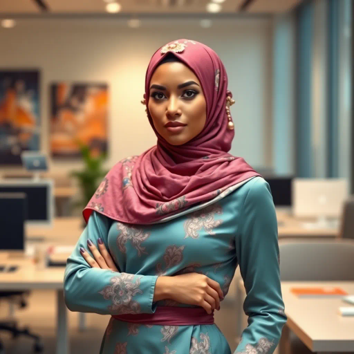 Middle Eastern culture, elegant hijab, professional setting, modern workplace, vibrant colors, intricate patterns, contemporary art, Impressionism influences, delicate fabrics, soft lighting, dynamic pose, cultural expression, confident demeanor, sophisticated fashion, cultural fusion, empowerment, grace and poise, diverse representation, human form, balance and harmony, modernism, Henri Matisse, digital media, sleek lines, flowing patterns, office environment, artistic elegance, movement and fluidity, contemporary digital aesthetics