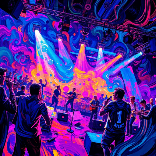 vibrant music concert, dynamic energy, neon lights, pulsating rhythm, musical symphony, surrealistic ambiance, impressionistic strokes, bold color contrasts, detailed instrumentation, expressive movement, auditory textures, immersive soundscape, ethereal atmosphere, contemporary influences, Van Gogh-inspired swirls, immersive perspective, kaleidoscope of hues, celestial mood, rhythmic composition, cultural harmony, auditory and visual symbiosis