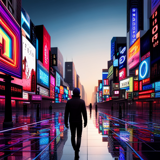 neon lights, hacking, AI, augmented reality, cybernetic implants, dystopian society, futuristic architecture, virtual reality, digital glitches, techno-organic, machine learning, robotic workforce, quantum computing, dystopian landscapes, code as a form of art