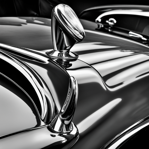 Vintage, retro, metallic, shiny, sleek, chrome, curves, leather, upholstery, polished, reflection, headlights, hood ornaments, tail fins, nostalgic