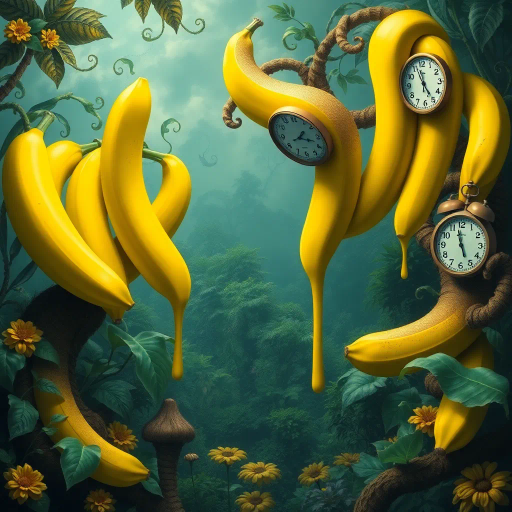 surreal bananas, Salvador Dali influence, dripping clocks, vibrant yellows, lush greens, twisted forms, dreamscape environment, whimsical curves, ethereal lighting, mystical shadows, fantastical garden, organic textures, imaginative landscapes, otherworldly aura, abstract surrealism, fluid motion, thought-provoking symbolism, artistically bizarre