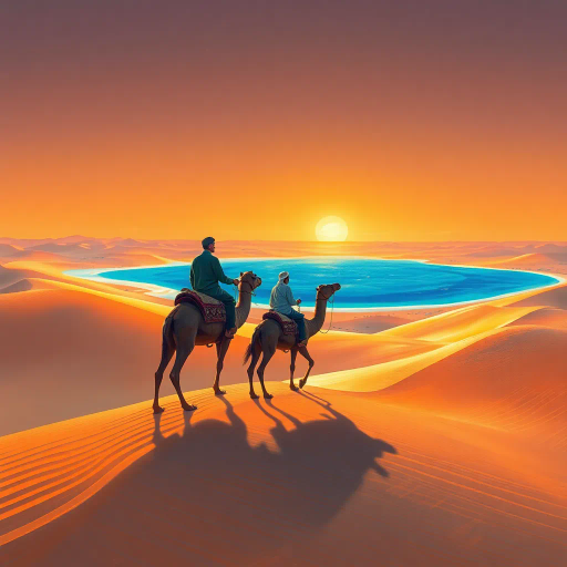 oasis, desert, men, riding, camels, surrealism, Salvador Dali, golden sands, azure oasis, mirage effect, mystical, twilight glow, ethereal landscape, expansive horizon, Middle Eastern influences, intricate patterns, warm tones, vibrant, brushed textures, shifting dunes, dynamic composition, fluid movement, atmospheric perspective, storytelling, tranquility, exotic ambiance, nature's majesty, intricate details