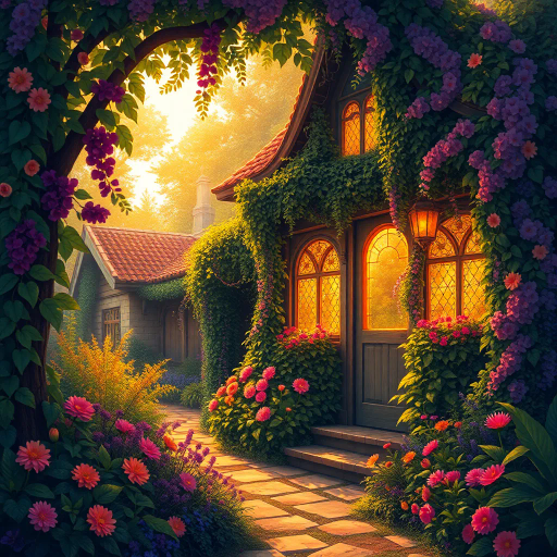 enchanted, cottage, lush garden, vibrant colors, magical realism, Claude Monet, whimsical, golden hour lighting, intricate details, dreamlike, nature's serenity, overgrown vines, stained glass, dappled shadows, storybook charm, ethereal, harmonious, secluded, floral tapestry, imaginative, peaceful haven, artistic tranquility