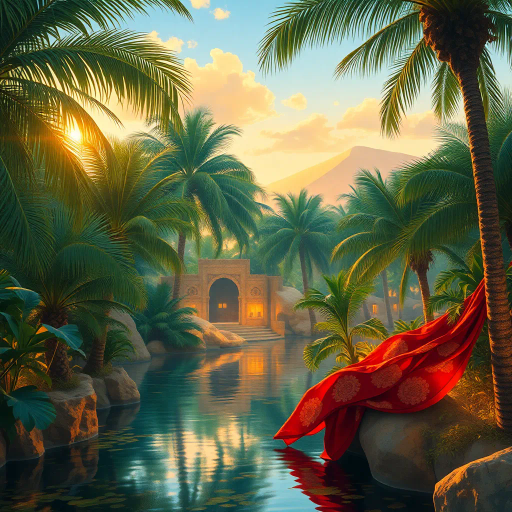 Arabian nights, vibrant colors, intricate patterns, gold accents, Henri Matisse, warm desert tones, graceful movement, rich textiles, cultural tapestry, surrealism, exotic elegance, moonlit sands, flowing fabrics, mystical allure, contemporary interpretation, shimmering heat, lush oasis, dynamic composition, sensual poise, atmospheric glow, dreamlike ambience