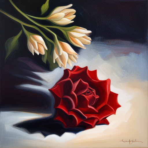romanticism, still-life, delicate, petals, thorns, emotional symbolism, warm lighting, chiaroscuro, impressionism, fragility, beauty, red, life cycle, nature, art nouveau, oil painting