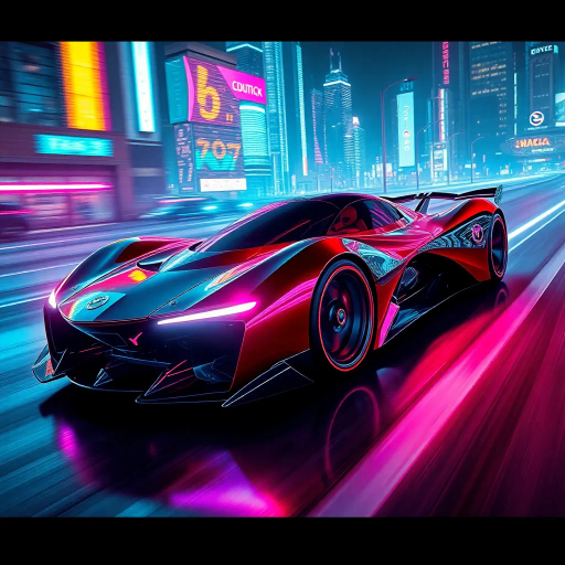 sleek futuristic automobile, inspired by Syd Mead and H.R. Giger, cybernetic aesthetic, dynamic movement, vibrant neon lights, high contrast shadows, aerodynamic curves, metallic and glossy textures, immersive depth, innovative design, urban landscape backdrop, night setting, bold color palette, capturing speed and energy, seamless integration, avant-garde, technological elegance, dramatic angles, expansive composition, synthwave and cyberpunk influences, futuristic design, vibrant neon colors, dramatic lighting, dynamic angles, glossy finish, speed and motion, atmospheric glow, reflections, cutting-edge technology, streamlined form, retro-futuristic elements, contrast and depth, racing spirit, digital landscape, visual impact, high gloss finish, dystopian city, chrome reflections, smooth curves, kinetic energy, science fiction, enhanced reality, modern aesthetics, cultural fusion, conceptual innovation