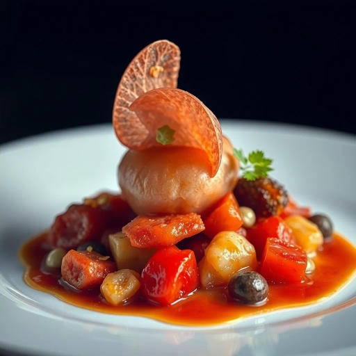 hyper-realistic, culinary artistry, vibrant colors, succulent textures, food photography, gourmet presentation, chiaroscuro lighting, rich detail, natural composition, culinary textures, glossy surfaces, nuanced hues, modern aesthetic, exquisite plating, artisanal craftsmanship, gourmet indulgence, food as art, visual feast, sumptuous presentation, high contrast, appetizing visual, culinary elegance, Vermeer influence, artistic richness, stylistic finesse, contemporary flair, textural harmony, elegant framing, dramatic contrasts, visual temptation