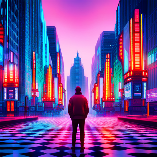 endless virtual neon arcade, retro-futuristic circuitry, vibrant and electric sparks, generative animated game worlds, glitchy pixelated landscapes, cyberpunk characters exploring new realms, neon lights reflecting off reflective surfaces, dynamic movement and energy, dystopian neon cityscapes, pulsating digital dreams