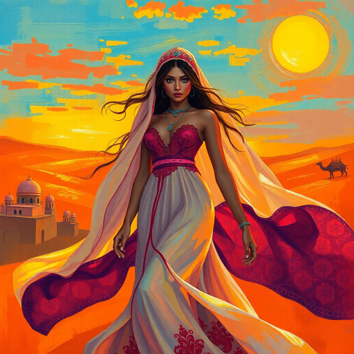 Middle Eastern allure, Arabian nights, enigmatic beauty, sensual elegance, vibrant sunsets, exotic landscapes, flowing fabrics, intricate patterns, warm desert tones, impressionistic brushstrokes, captivating gaze, luminous skin, fashion illustration, emotional depth, delicate movements, shimmering sands, cultural symbolism, evening glow, radiant warmth, alluring mystery, colorful mosaics, dynamic composition, rich textures, Henri Matisse inspiration, contemporary vision, seductive charm, windswept elegance