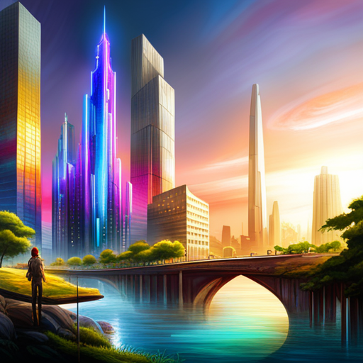 futuristic, city, nature, neon lights, cyberpunk, dystopian, utopian, environmental harmony, victory, rebellion, towering skyscrapers, lush greenery, cybernetic enhancements, resilient heroes, digital age, sustainable ecosystem, glowing, organic, harmony, futuristic flora, futuristic fauna, contrast, vibrant colors, environmentalism, futuristic battles, futuristic society, advanced civilization, urban renewal, glowing cityscape, innovative design, sustainability, futuristic landscapes