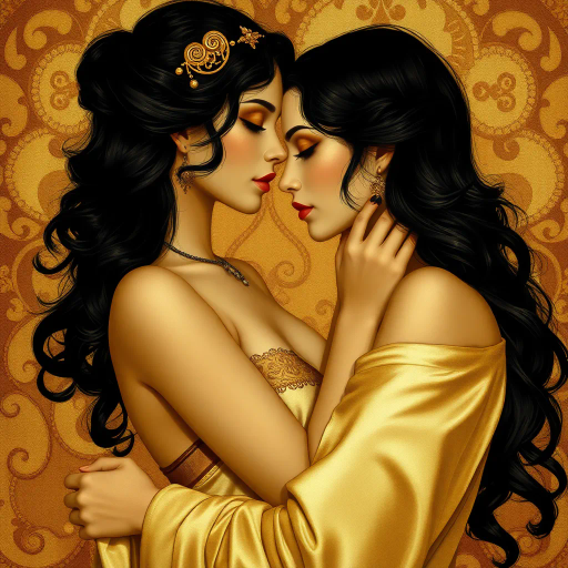 sensual expressionism, Gustav Klimt influence, Art Nouveau flourishes, warm sepia tones, intimate vignette, soft light caress, luxurious textures, flowing satin, romantic allure, dreamlike ambiance, ethereal forms, intricate patterns, delicate line work, intimate scale, passionate intensity, ornate embellishments, cultural tapestry, emotive gaze, gilded accents, opulent tapestry, whispering hues, evocative moment