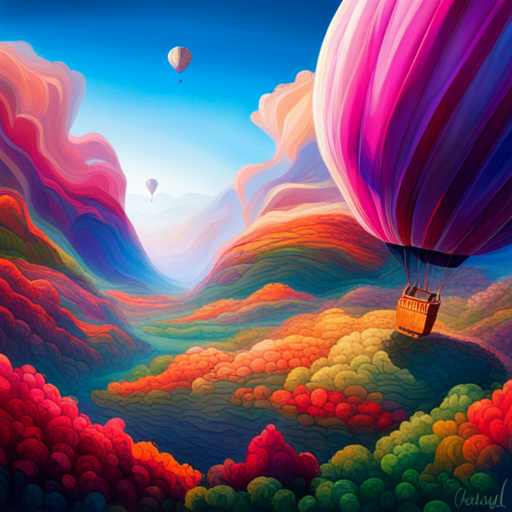 vibrant colors, large scale, dreamlike landscape, whimsical hot air balloon, surreal atmosphere, fantasy elements, imaginative composition, ethereal lighting, fantastical perspective, magical realism, floating sensation, colorful palette, otherworldly adventure, mythical goddess, enchanting, mysterious, enchantment