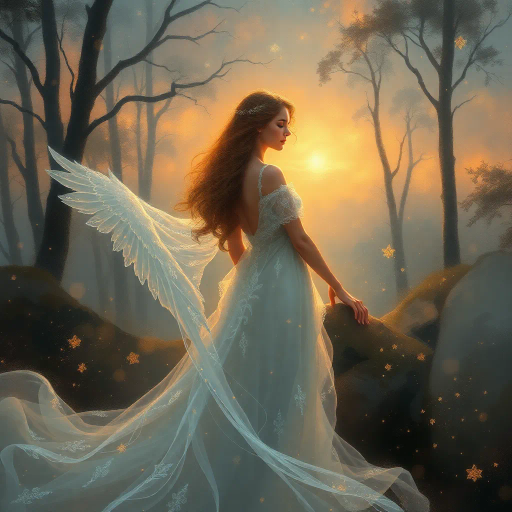 ethereal maiden, ethereal ambiance, enchanting spirit, timeless beauty, dreamy twilight, Claude Monet influences, iridescent hues, soft brushwork, mythical allure, luminescent glow, Baroque elegance, whimsical fantasy, delicate details, flowing fabrics, mystical landscape, romantic essence, serene atmosphere, enchanting forest, poetic grace, celestial aura, gentle illumination, fleeting moment, pastel palette, serene expression, fairy-tale setting, renaissance inspiration, surreal magic, delicate textures, impressionistic style