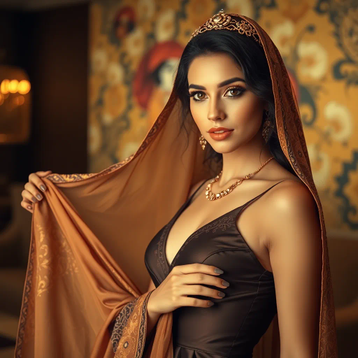 sensual elegance, Arabian beauty, professional environment, Gustav Klimt, Art Nouveau, warm tones, intricate patterns, flowing fabrics, golden accents, cultural richness, empowered demeanor, contemporary setting, soft ambient lighting, vibrant energy, graceful posture, captivating gaze, sophisticated attire, Middle Eastern influences, delicate textures, timeless allure, confident expression, refined aesthetics, harmonious balance