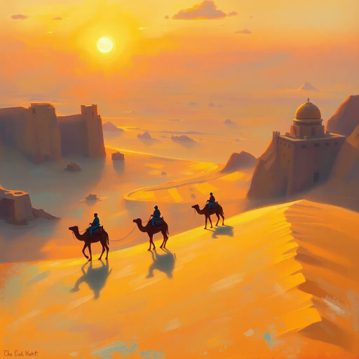 oasis, desert, majestic camels, riders, ethereal glow, golden sands, vivid colors, surreal landscape, impressionist style, Claude Monet, mystical atmosphere, ancient civilizations, soft brushstrokes, warm sunset, dynamic composition, expansive horizon, rich textures, sense of adventure, tranquility, captivating scene, blend of realism and fantasy, vast skies, imaginative portrayal, cultural tapestry, harmonious balance, dreamlike realism, ornate details, grand scale, narrative depth, artistic journey