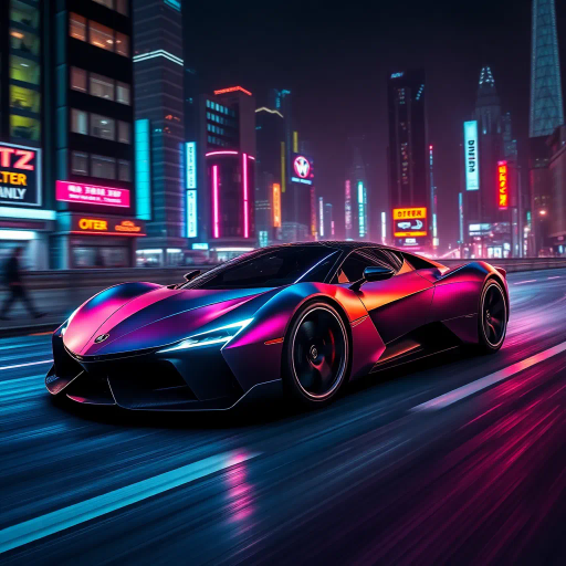 sleek futuristic car, neon lights, matte finish, cyberpunk cityscape, dynamic composition, vibrant colors, atmospheric lighting, speed and motion, 21st-century innovation, reflective surfaces, metallic textures, urban landscape, technological advancements, aerodynamic design, perspective distortion, cinematic framing, kinetic energy, movement and flow, modernism, urban exploration, imaginative transportation