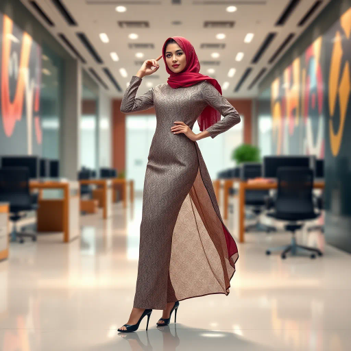 Arab woman, elegant hijab, professional setting, modern workplace, high heels, Middle Eastern culture, contemporary art, intricate patterns, vibrant colors, soft lighting, dynamic pose, cultural expression, delicate fabrics, office environment, confident demeanor, sophisticated fashion, grace and poise, diverse representation, cultural fusion, empowerment, modernism, Impressionism influences, human form, balance and harmony, Jean-Michel Basquiat inspiration, vibrant brushstrokes, Henri Matisse color palette, delicate textures, fluid movement, artistic elegance, cultural symbolism, refined composition, elegance and sophistication, bold patterns