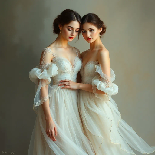 elegant femmes, graceful posture, intricate fashion, ethereal beauty, soft lighting, romantic era, impressionistic brushstrokes, pastel hues, delicate textures, feminine elegance, serene expressions, renaissance influences, flowing fabrics, atmospheric composition, refined aesthetics, timeless allure, enchanting aura, subtle movement, classical themes, captivating allure, harmonious balance, artistic grace, romantic ambiance, delicate sophistication, gentle atmosphere, whispering hues, tranquility, Baroque influences, evocative lighting, nuanced details
