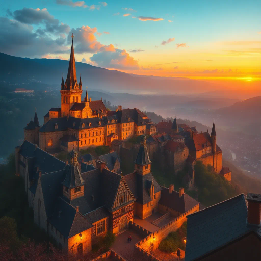 medieval cityscape, glowing twilight, perched on hilltop, vibrant colors, Claude Lorrain influence, golden hour lighting, ethereal atmosphere, lush landscapes, towering spires, intricate architecture, cobblestone streets, panoramic views, sweeping vistas, rich texture, romanticism, detailed engravings, enchanting aura, timeless beauty, serene ambiance, historical roots, narrative storytelling, mystical realm, elevated perspective, imaginative vision, fantasy essence, dreamlike setting, magical realism, atmospheric haze, visual poetry, harmonious balance, artistic expression, visionary landscape