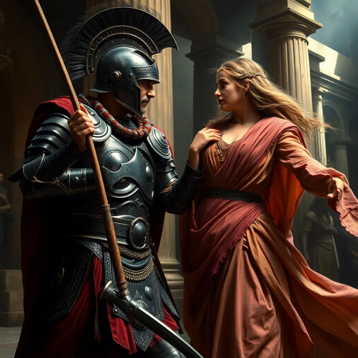 Visigothic warrior, Roman lady, Sack of Rome 410CE, epic historical scene, dramatic lighting, chiaroscuro, intricate armor details, flowing Roman garments, realism, dynamic composition, intense mood, historical figures, late antiquity, turbulent atmosphere, powerful symbolism, conflict and culture clash, intense emotions, classical architecture, ruin and decay, grand scale, meticulous textures, tension and movement, aged patina, historical authenticity, evocative storytelling, warriors in action, contrast and harmony, rich color palette, accurate period costumes