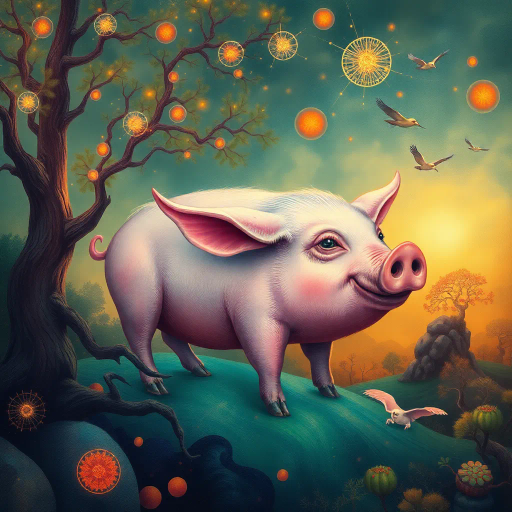 surreal pig, otherworldly landscape, whimsical shapes, vibrant color palette, Gustave Dore, Henri Rousseau, enchanted forest, glowing particles, intricate details, mystical animals, dreamlike atmosphere, ethereal light, mythical creatures, enchanted realism, Baroque influences, flowing composition, imaginative whimsy, lush textures, fantasy realm, soft gradients, magical essence