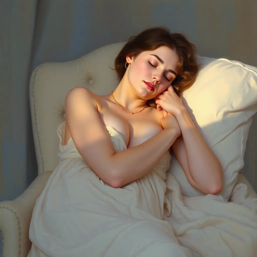 tranquil scene, woman, sleeping, seated on chair, delicate posture, soft ambient light, serene expression, gentle repose, impressionist touch, pastel colors, dreamlike atmosphere, elegant curves, calming mood, ethereal glow, romanticism, calm tranquility, subtle shadows, relaxed muscles, atmospheric depth, peaceful dreamscape, soothing composition, reposed stillness, intimate setting, classical influence, fine details, harmonious balance, reflective bliss, soothing aura, Claude Monet, Berthe Morisot, fluid movement, soft textures, emotional resonance, lyrical linework, nuanced tones, timeless elegance, tranquil harmony, serene beauty, contemplative silence, tranquil aura, atmospheric elegance, tender intimacy, evocative warmth, delicate grace