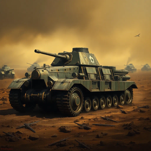 World War I, armored vehicle, military history, battlefields, early 20th century, realism, sepia tones, dramatic lighting, dynamic perspective, historical accuracy, mechanical details, epic scale, somber mood, Edward Hopper, war machines, intricate textures, industrial design, retro-futurism, metallic sheen, oil painting simulation, shadow interplay, kinetic composition, historical narrative, atmospheric setting
