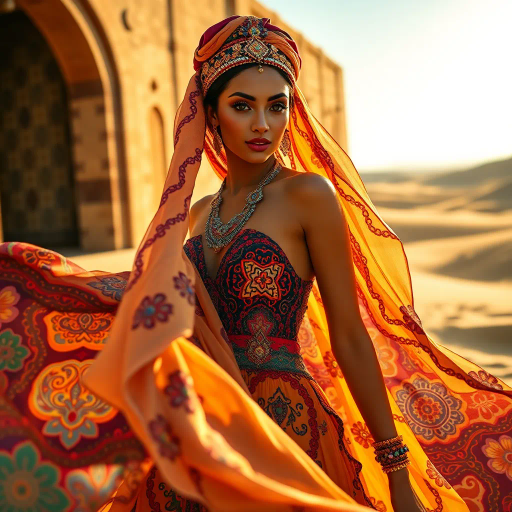 Arabian nights, vibrant colors, intricate patterns, gold accents, Henri Matisse, warm desert tones, graceful movement, rich textiles, cultural tapestry, surrealism, exotic elegance, moonlit sands, flowing fabrics, mystical allure, contemporary interpretation, shimmering heat, lush oasis, dynamic composition, sensual poise, atmospheric glow, dreamlike ambience
