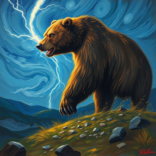 majestic bear, struck by lightning, electric energy, Vincent van Gogh, post-impressionism, intense contrast, dynamic lighting, bold brush strokes, swirling skies, nature's fury, vibrant colors, ethereal glow, wild power, dramatic setting, emotional intensity, natural wonder, chaotic beauty, stormy atmosphere, powerful wilderness, surreal landscape, otherworldly phenomenon, symbolic transformation, mythical creature