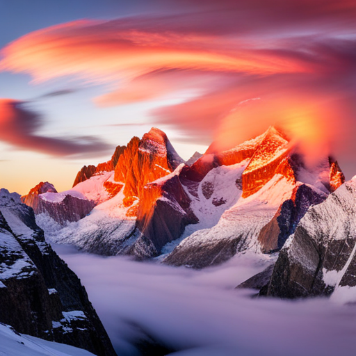 snow-capped, peaks, majestic, sunset-drenched, clouds, looming, vastness, grandeur, panoramic-view, wilderness, natural-wonders