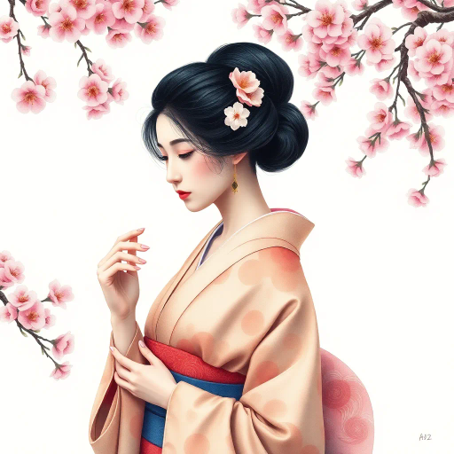 Japanese woman, serene beauty, traditional kimono, gentle grace, Edo period, ukiyo-e influence, vibrant cherry blossoms, soft watercolor textures, delicate brushstrokes, Hokusai inspiration, flowing silk, tranquil expression, serene elegance, cultural heritage, harmonious composition, pastel hues, intricate patterns, peaceful setting, subtle lighting, poised posture, symbolic gestures, historical ambiance, fine detail, artistic storytelling, nature's harmony