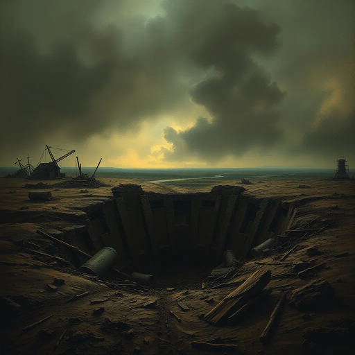 WW1 shell hole, haunting landscape, ruinous earth, trench war remnants, muddy textures, smoke-infused skies, somber atmosphere, historical echoes, dramatic chiaroscuro, war-torn memories, intricate details, Ernst Ludwig Kirchner influence, expressionist undertones, desolate expanse, juxtaposition of life and decay, symbolism of conflict, muted earth tones, organic compositions, narrative storytelling, ethereal light, ominous horizon, atmospheric perspective, reflective surfaces, cultural memory, evocative emotional depth