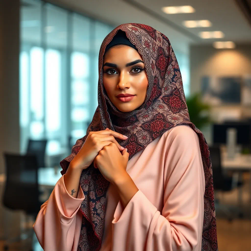 Arab woman, elegant hijab, professional setting, modern workplace, high heels, Middle Eastern culture, contemporary art, intricate patterns, vibrant colors, soft lighting, dynamic pose, cultural expression, delicate fabrics, office environment, confident demeanor, sophisticated fashion, grace and poise, diverse representation, cultural fusion, empowerment, modernism, Impressionism influences, human form, balance and harmony, Jean-Michel Basquiat inspiration, vibrant brushstrokes, Henri Matisse color palette, delicate textures, fluid movement, artistic elegance, cultural symbolism, refined composition, elegance and sophistication, bold patterns