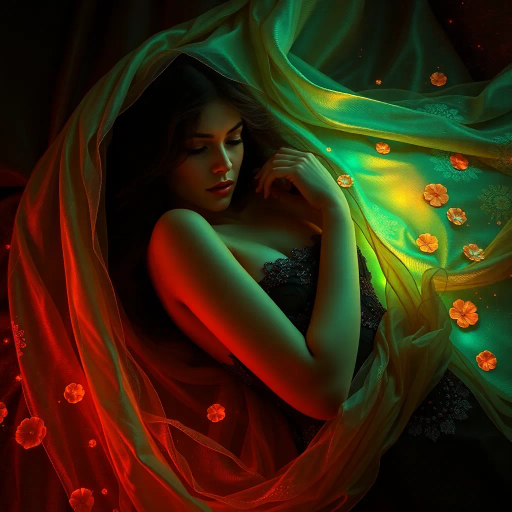 seductive allure, vibrant colors, ethereal lighting, Art Nouveau influence, dramatic curves, soft textures, sensuality, Gustav Klimt inspiration, flowing forms, luxurious detail, romantic mood, intimate ambiance, chiaroscuro, expressive movement, visual poetry, surreal elements, captivating gaze, rich fabric, elegant composition, timeless appeal, fluid lines, emotional depth