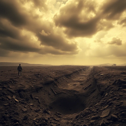 dramatic landscape, World War 1, historical setting, battle-scarred terrain, stark realism, desolate mood, war-torn earth, trench warfare influences, intense natural lighting, sepia tones, gritty textures, shell hole, muddy environment, soldiers' struggle, battlefield remains, emotive composition, historical depth, somber atmosphere, heavy clouds, poignant scene