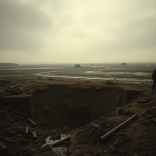 World War I, muddy battlefield, shell hole, crater, destruction, chaos, trench warfare, somber, earth tones, realism, moody atmosphere, dramatic lighting, historical, early 20th century, war-torn landscape, rubble, texture, detailed, mud, water reflections, overcast sky, haunting, desolation, J.M.W. Turner influences, conflict, historical significance, nature reclaiming, gritty, monochrome elements, perspective, texture, rough terrain, barren landscape