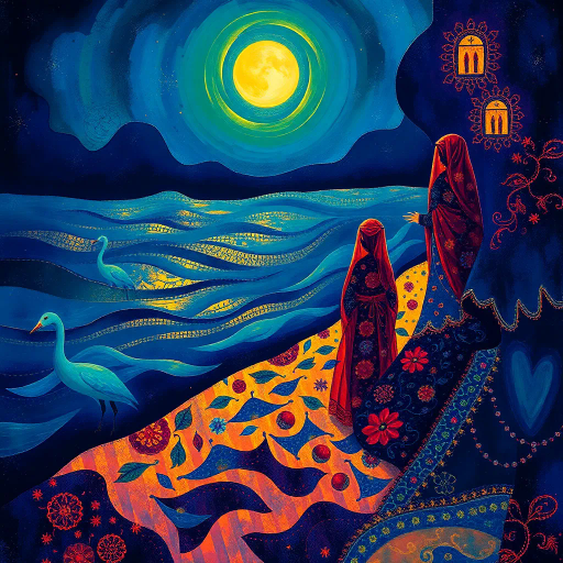 mysterious allure, arabian nights, Henri Matisse, surrealism, vivid dreams, enchanting sands, luminous glow, desert mystique, ancient beauty, opulent patterns, vibrant tapestry, flowing garments, sapphire waters, eastern elegance, intricate motifs, twilight hues, sultanic grace, ethereal charm, exotic ambiance, rich textures, cultural fusion, whimsical allure, transcendent beauty