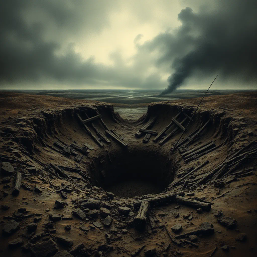 WW1 shell hole, haunting landscape, ruinous earth, trench war remnants, muddy textures, smoke-infused skies, somber atmosphere, historical echoes, dramatic chiaroscuro, war-torn memories, intricate details, Ernst Ludwig Kirchner influence, expressionist undertones, desolate expanse, juxtaposition of life and decay, symbolism of conflict, muted earth tones, organic compositions, narrative storytelling, ethereal light, ominous horizon, atmospheric perspective, reflective surfaces, cultural memory, evocative emotional depth, surreal realism, ethereal dreamscapes, imaginative historical narrative, evocative moods, abstract symbolism, metaphorical perspectives, enriched texture, timeless echoes, mystical ambiance