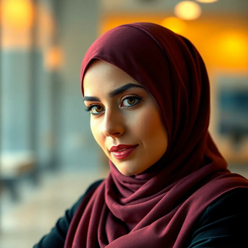elegant Arab woman, hijab, professional environment, at work, intricate detail, vibrant colors, warm lighting, contemporary realism, cultural elegance, corporate setting, impressionist touch, realistic textures, modern twist, refined composition, calm and focused, fluid lines, Middle Eastern influences, expressive portrait, respectful atmosphere, dynamic posture, subtle gradient, detailed background, storytelling, harmonious blend, timeless aesthetic, refined elegance