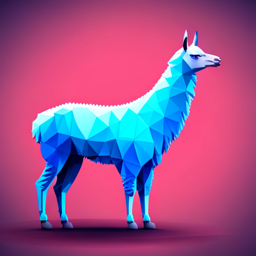 Abstract, Vector, Llama, Robot, Geometric Shapes, Triangles, Bright Colors, 3D Modeling, Metallic Shading, Futuristic, Mechanical Movement, Electric Blue, Neon Pink
