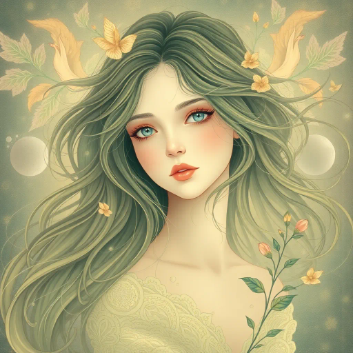 ethereal girl, dreamlike presence, reminiscent of Alphonse Mucha, flowing hair, Art Nouveau, ambient light, soft pastels, organic curves, delicate linework, whimsical elegance, expressive eyes, elements of nature, serene composition, emotional depth, intricate patterns, modern surrealism, harmonious balance, transcendental beauty, symbolic motifs, imaginative interpretation, emotive storytelling