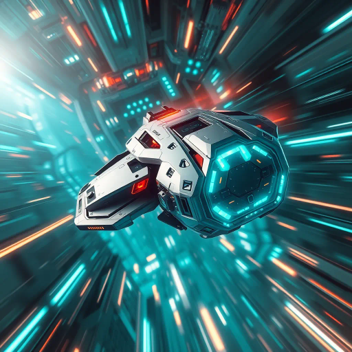 futuristic technology, sleek design, aerial photography, dynamic movement, vibrant colors, teal and silver hues, high contrast, atmospheric perspective, cybernetic influence, mechanical precision, illuminated elements, clean lines, innovative aesthetics, Isaac Asimov inspiration, digitally rendered, ethereal ambiance, cutting-edge innovation, elevated viewpoint, visually striking, conceptual modernism, interplay of light and shadow