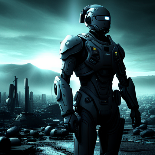 cybernetic augmentation, artificial intelligence, post-apocalyptic, future soldier, dystopian, metallic, robotic, immersive technology, advanced weaponry, genetic modification, bleak, dark, ominous, desolate landscape, sci-fi, robotics engineering, cold technology, mechanical exoskeleton, human-machine hybrid, cyberpunk aesthetic, neon lights
