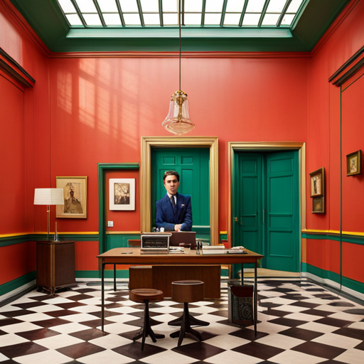Wes Anderson's whimsical color palette, quirky composition, symmetric framing, the 60s Art Nouveau era influence, meticulous attention to detail, dry humor, vibrant primary colors, retro vibe, eclectic mix of music, nostalgic tone, dry wit, stylized production design, whimsical typography, saturated hues, detailed miniatures and meticulously crafted set pieces, the charming personality of the characters, dramatic backlighting, slow-motion shots and quirky characters
