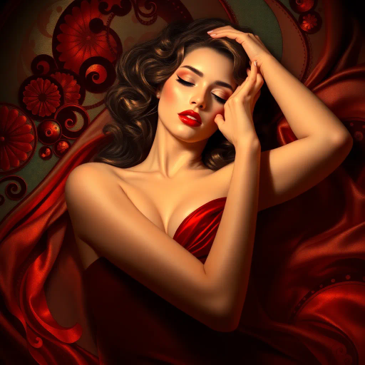 seductive allure, vibrant colors, ethereal lighting, Art Nouveau influence, dramatic curves, soft textures, sensuality, Gustav Klimt inspiration, flowing forms, luxurious detail, romantic mood, intimate ambiance, chiaroscuro, expressive movement, visual poetry, surreal elements, captivating gaze, rich fabric, elegant composition, timeless appeal, fluid lines, emotional depth
