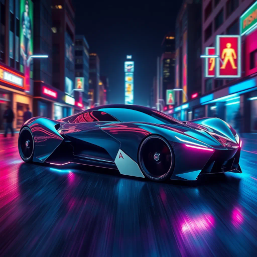sleek futuristic automobile, inspired by Syd Mead, cybernetic aesthetic, dynamic movement, vibrant neon lights, high contrast shadows, aerodynamic curves, metallic and glossy textures, immersive depth, innovative design, urban landscape backdrop, night setting, bold color palette, capturing speed and energy, seamless integration, avant-garde, technological elegance, dramatic angles, expansive composition