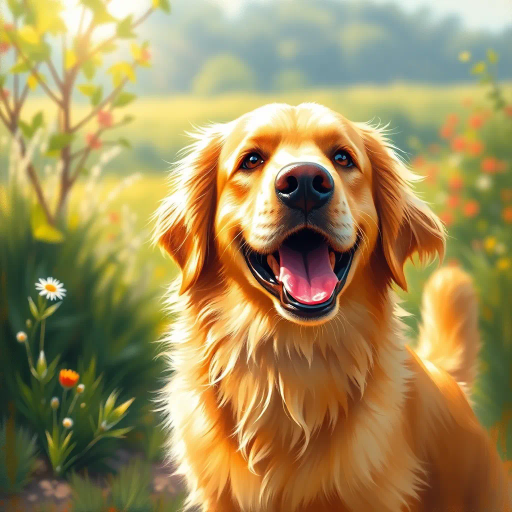 golden retriever, joyful expression, vibrant colors, golden fur, intricate detail, dynamic pose, playful scene, sunlight, warm tones, impressionist brushwork, detailed textures, Thomas Kinkade inspiration, contemporary realism, outdoor setting, lush background, cheerful mood, morning dew, soft focus, oil paint textures, emotive gaze, lively atmosphere, natural environment, pastoral, friendly demeanor, luminous lighting, vibrant brushstrokes, idyllic landscape, serene tranquility, harmonious palette, radiant hues, expressive gesture, delicate highlights
