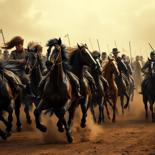 WW1 cavalry, dynamic motion, historical accuracy, dramatic lighting, Edwardian era, intense realism, sepia tones, battle scene, heroic composition, meticulous detail, textured fabrics, flowing mane, charging horses, military uniforms, epic scale, historic symbolism, 1910s aesthetics, timelessness, commanding presence, dust clouds, art nouveau influences, sweeping panorama